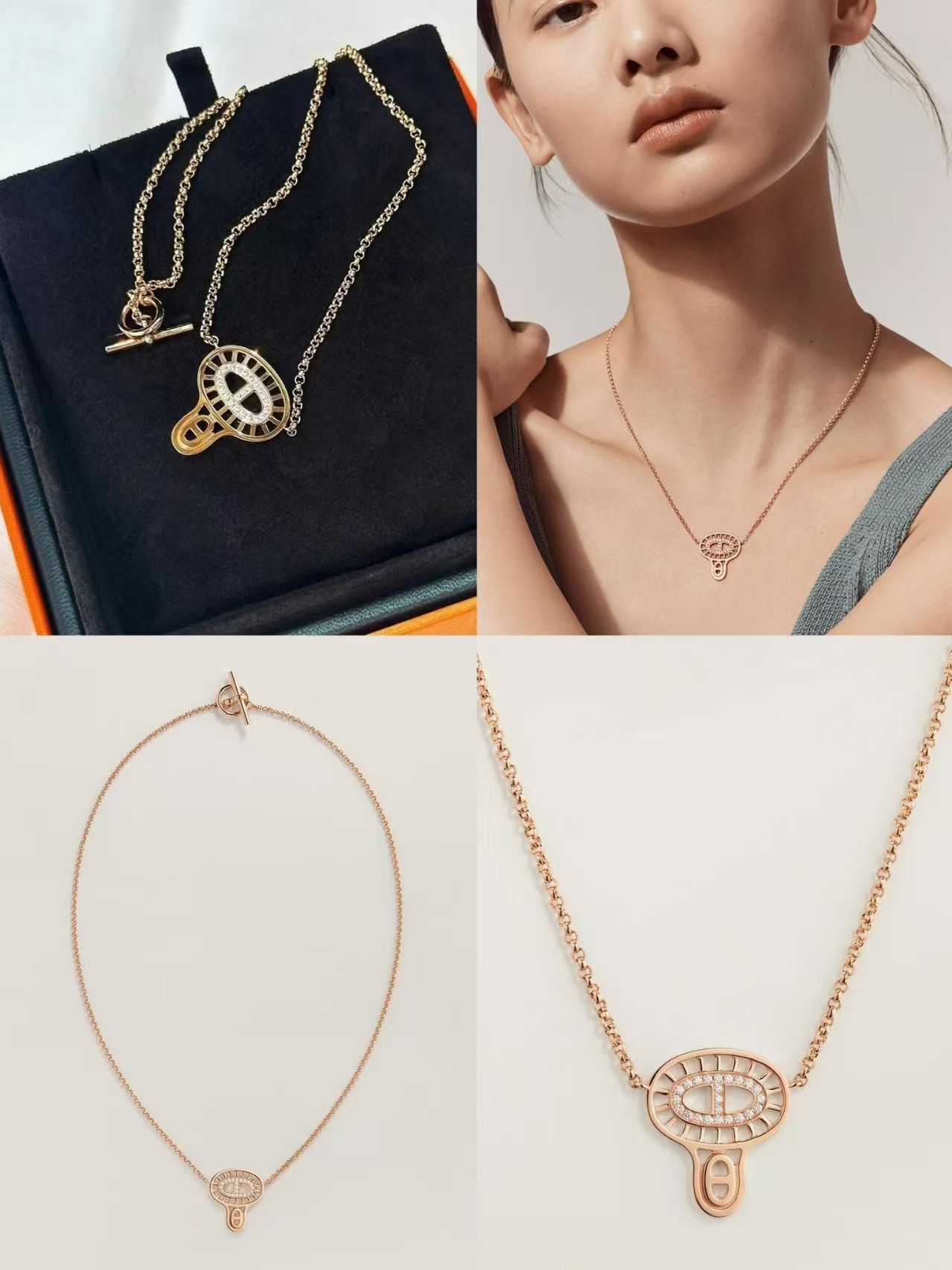 Hermes 18K玫瑰金豬鼻鑽石頸鏈